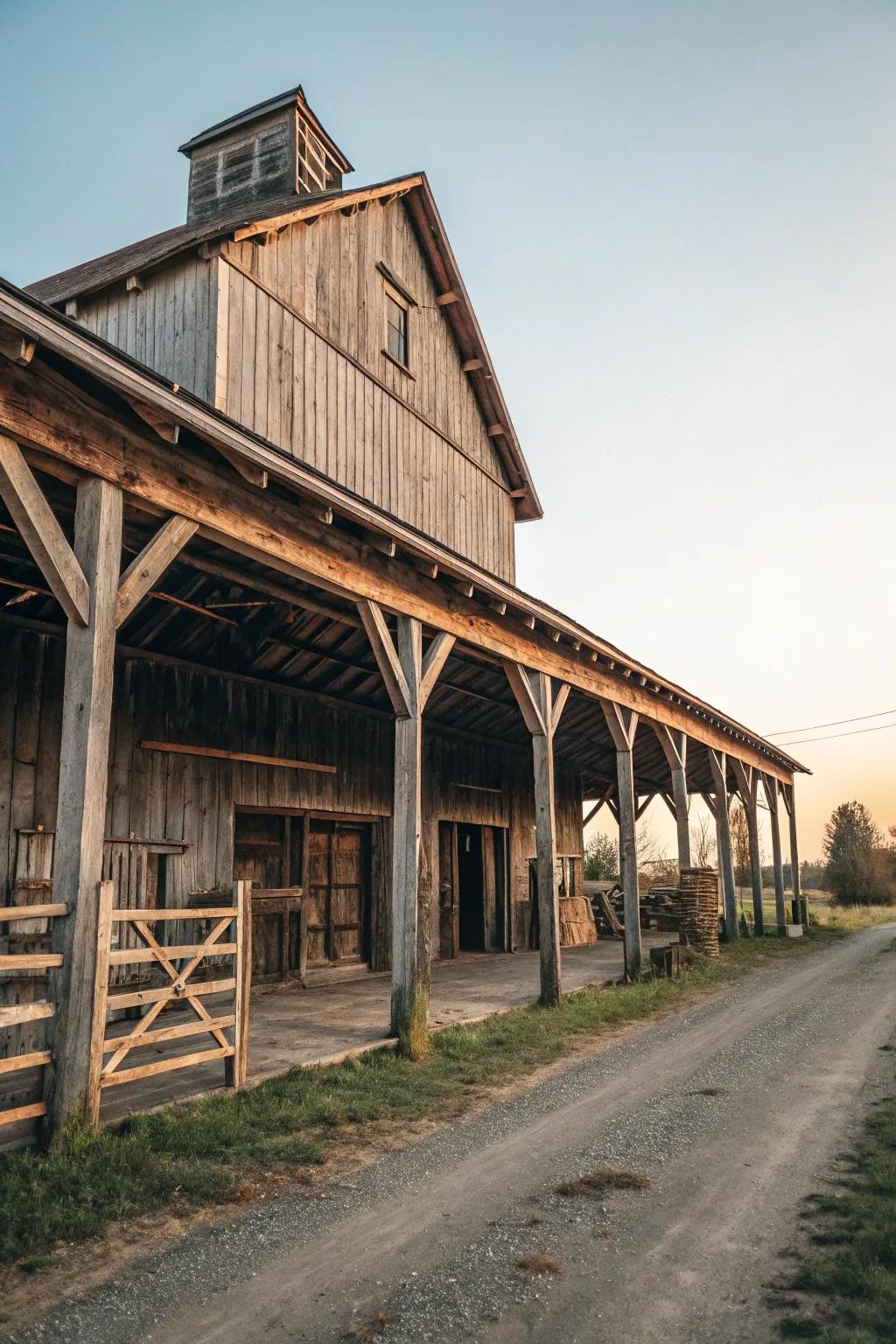 A barn overhang featuring classic beams and posts.