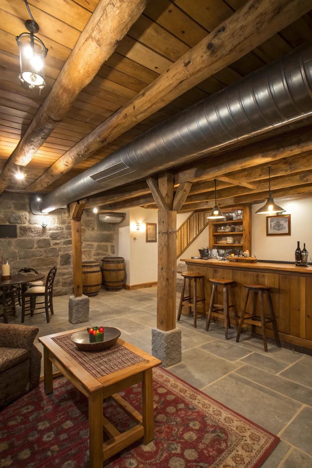 Introduce warmth and character with faux wooden beams around ductwork.