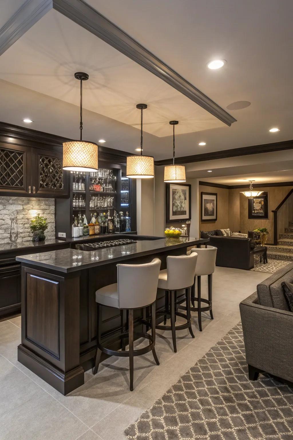 A stylish bar area enhances your game room's social atmosphere.