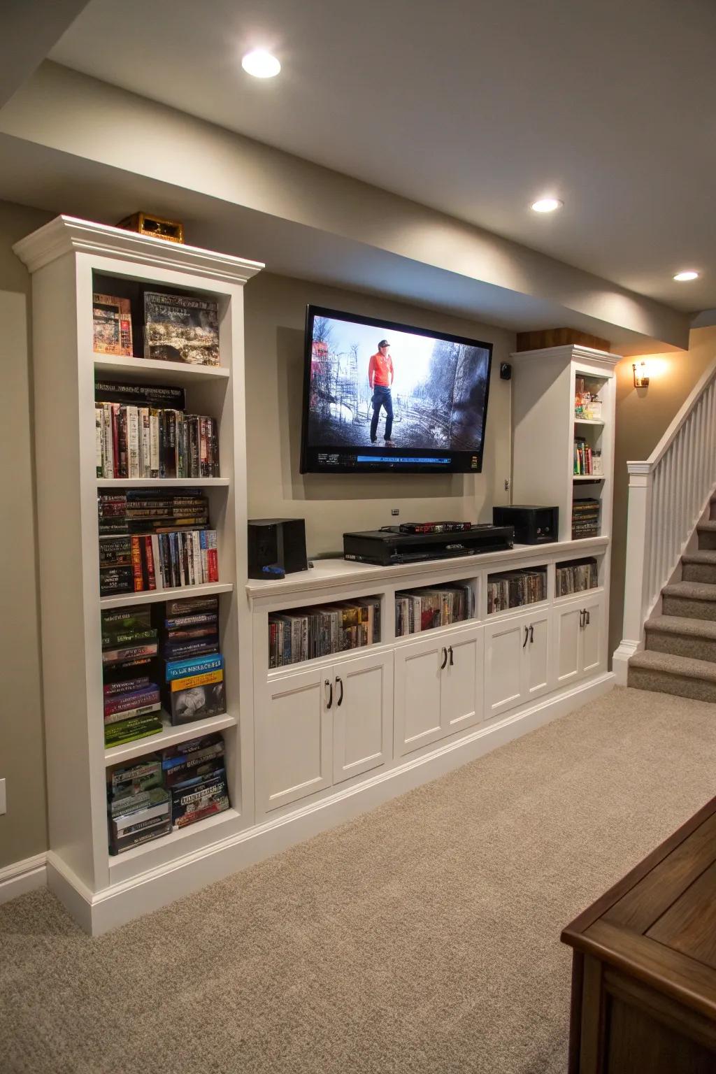 A basement TV wall featuring media storage cabinets for a clutter-free entertainment area.