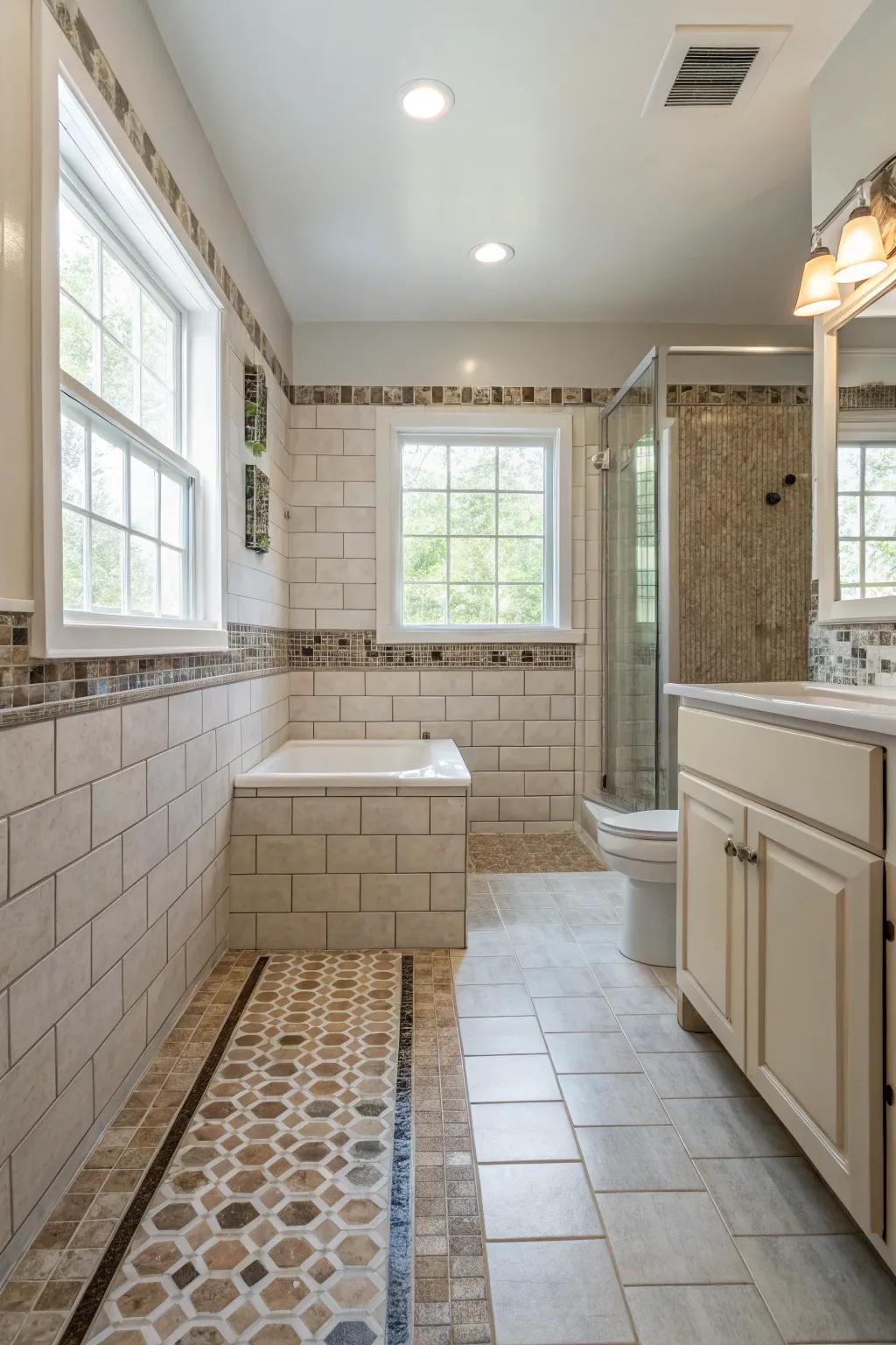 Smooth transitions in tile design enhance bathroom flow.