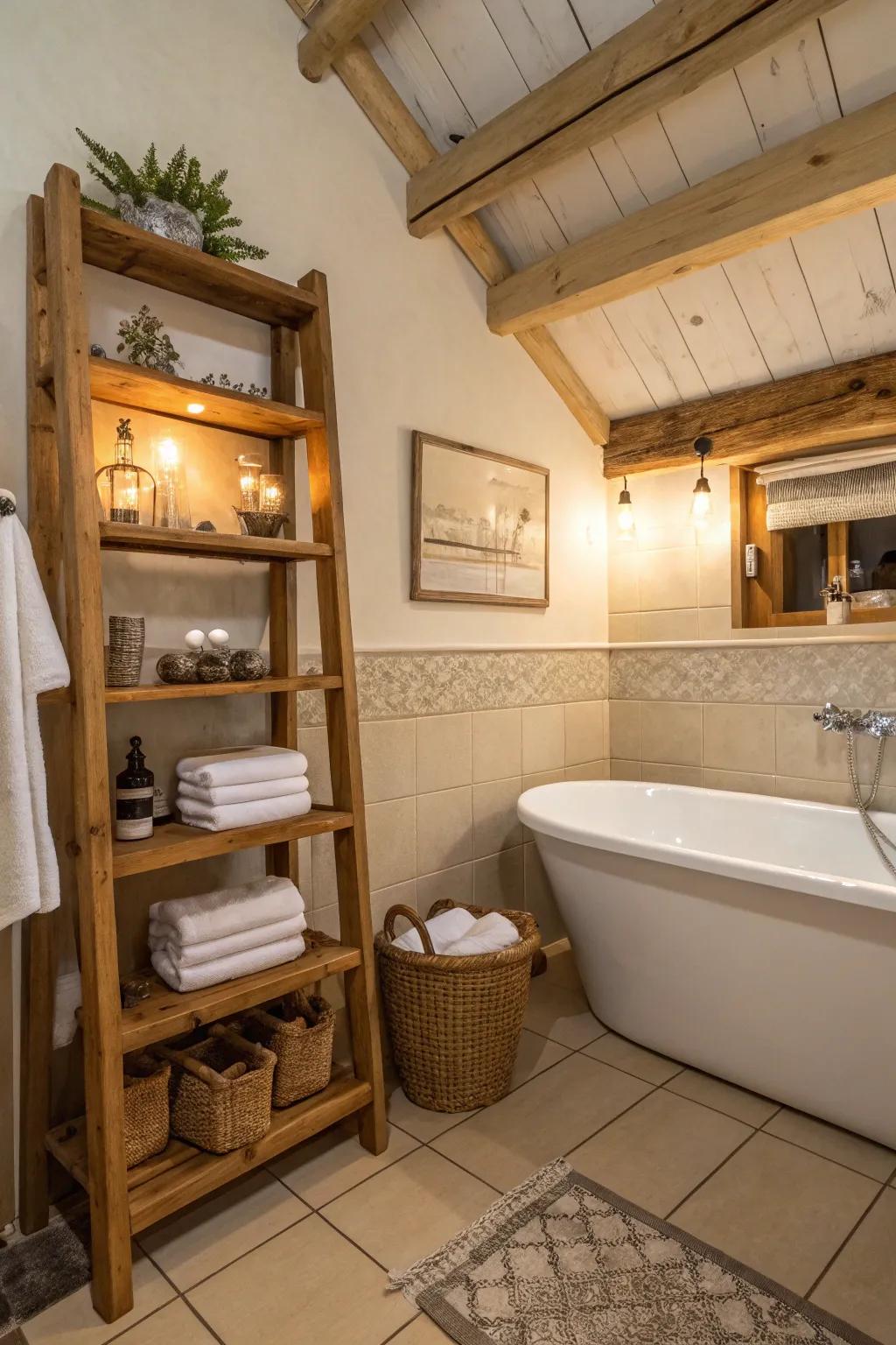 Wooden accents bring warmth to this bathroom with a bathtub.