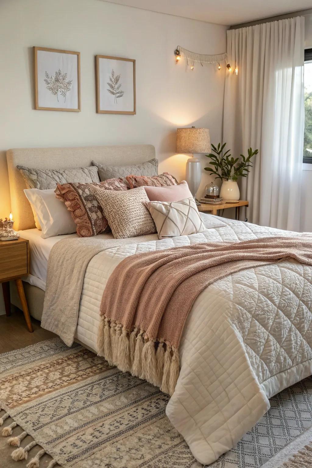 Your bedroom gains comfort and a splash of color from layered textiles.