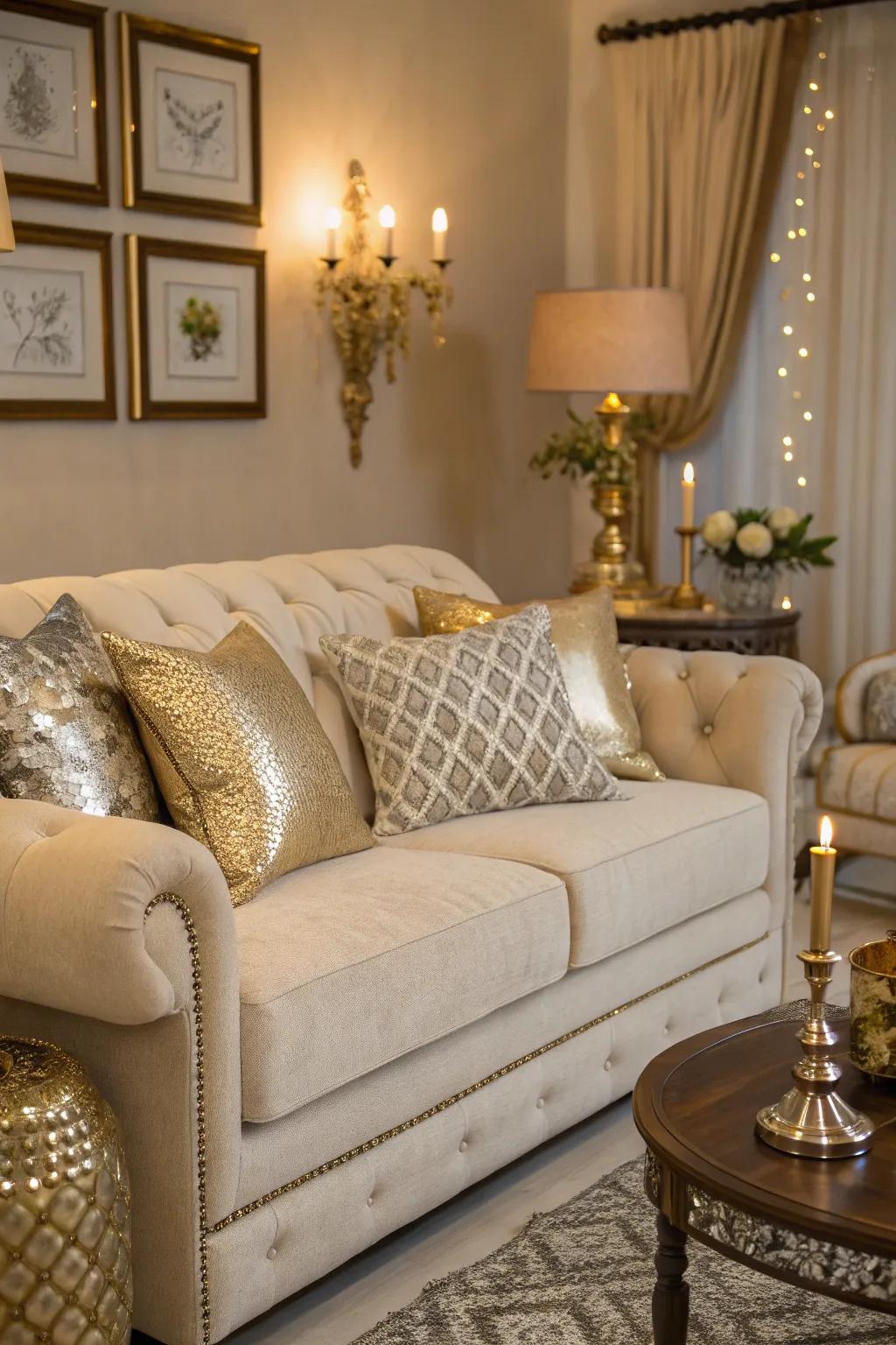 Glamorous metallic accents elevate a beige couch living room.