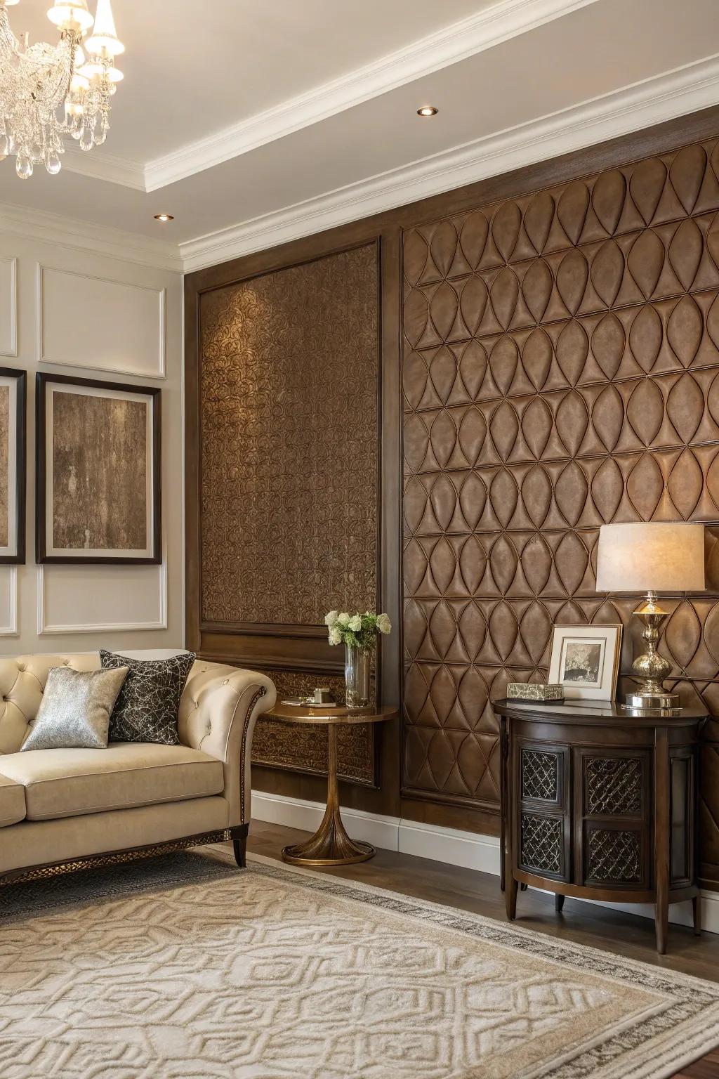 Sophisticated depth achieved with a layered brown feature wall.