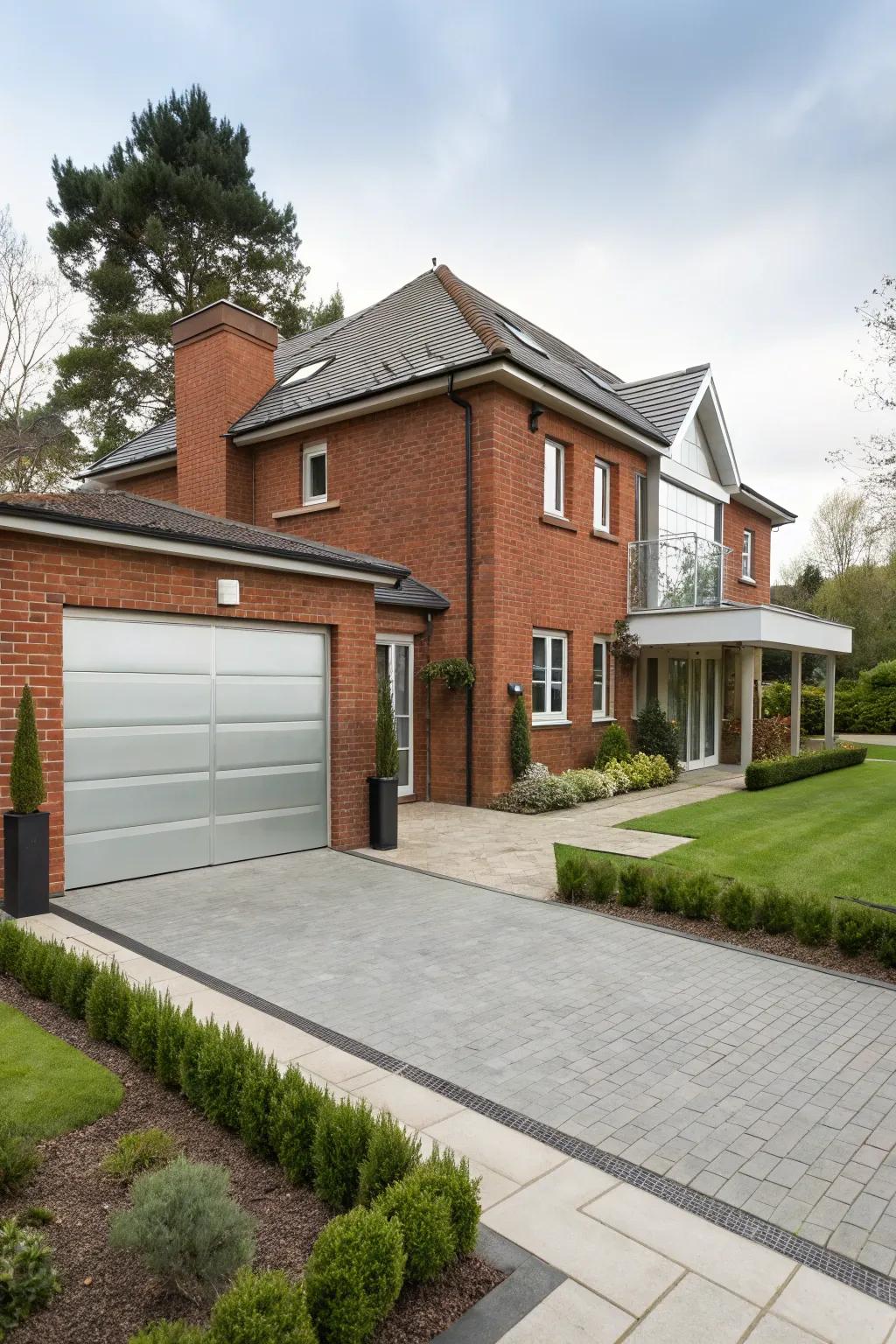 Silver garage doors offer a sleek, modern twist to red brick homes.