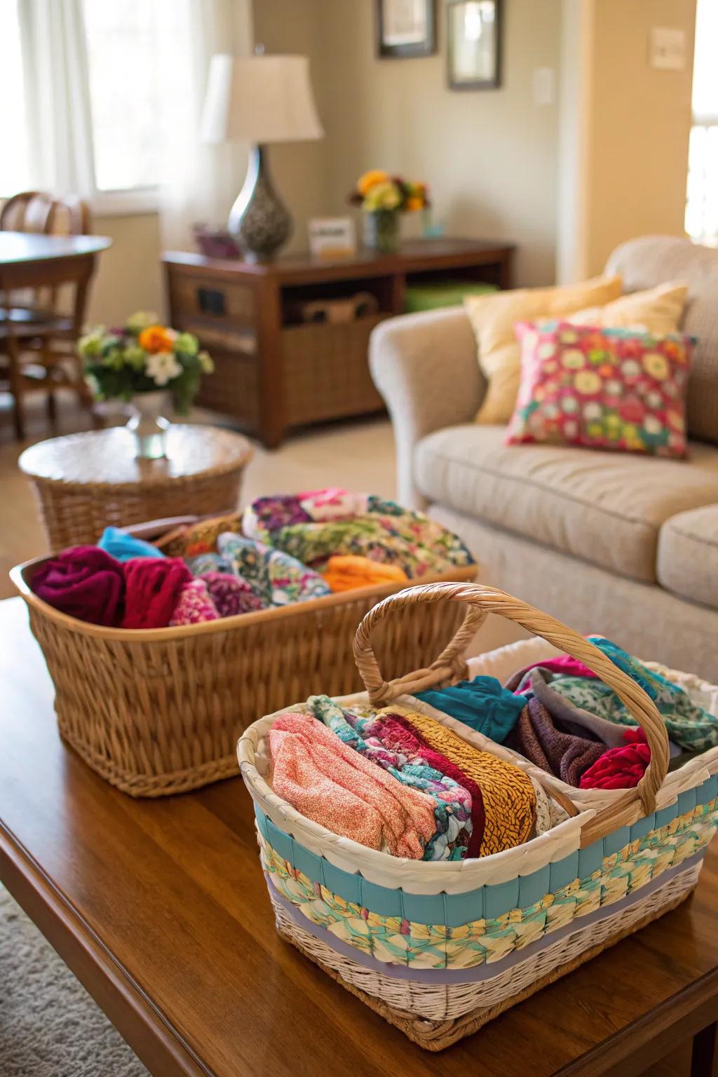 Add color with fabric scrap-covered baskets.