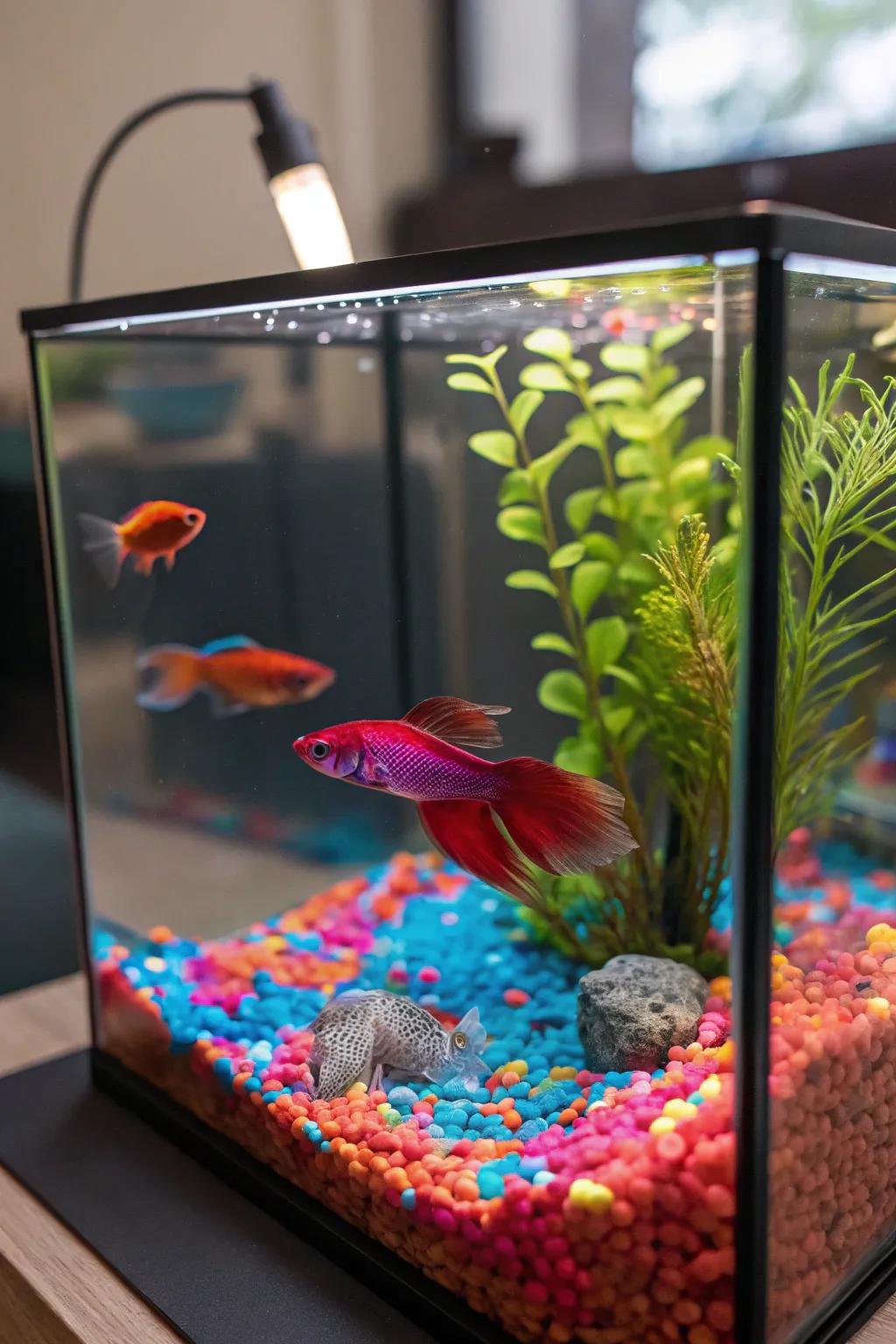 Colorful substrates add a playful touch to your aquarium.