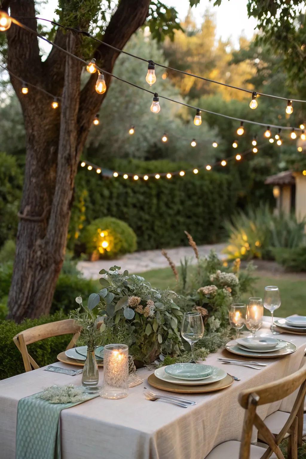 An outdoor oasis with string lights sets the scene for a magical evening.