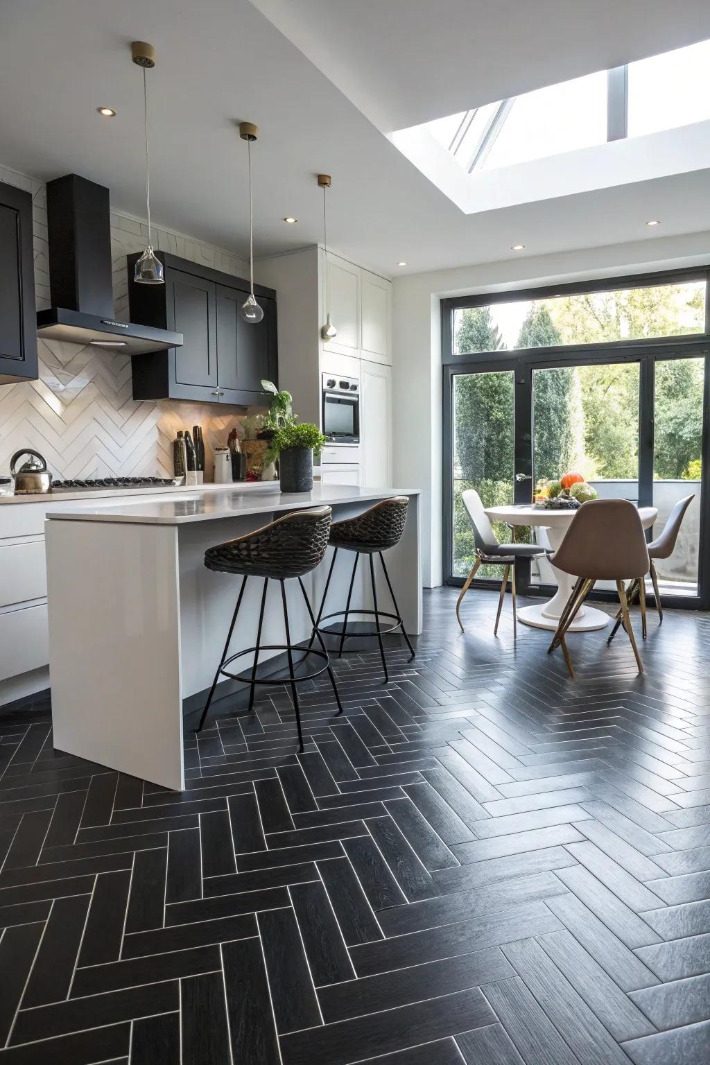 A kitchen featuring black herringbone pattern floor tiles for added visual interest.