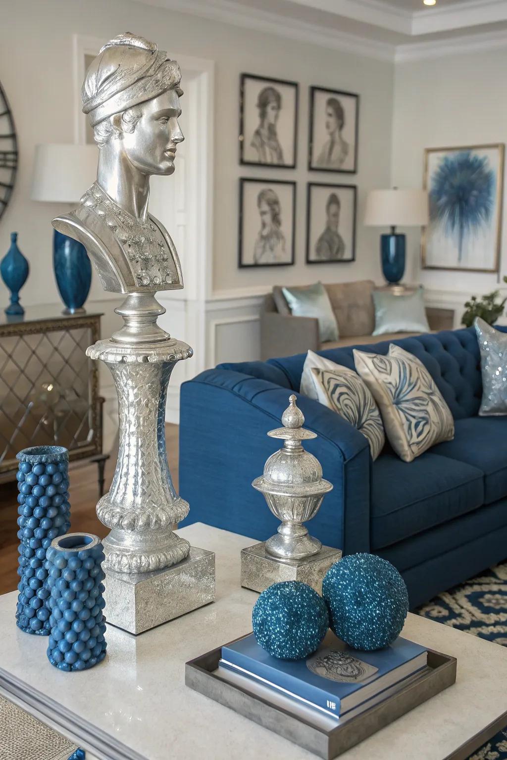 Silver sculptures add a chic focal point to this stylish blue living room.