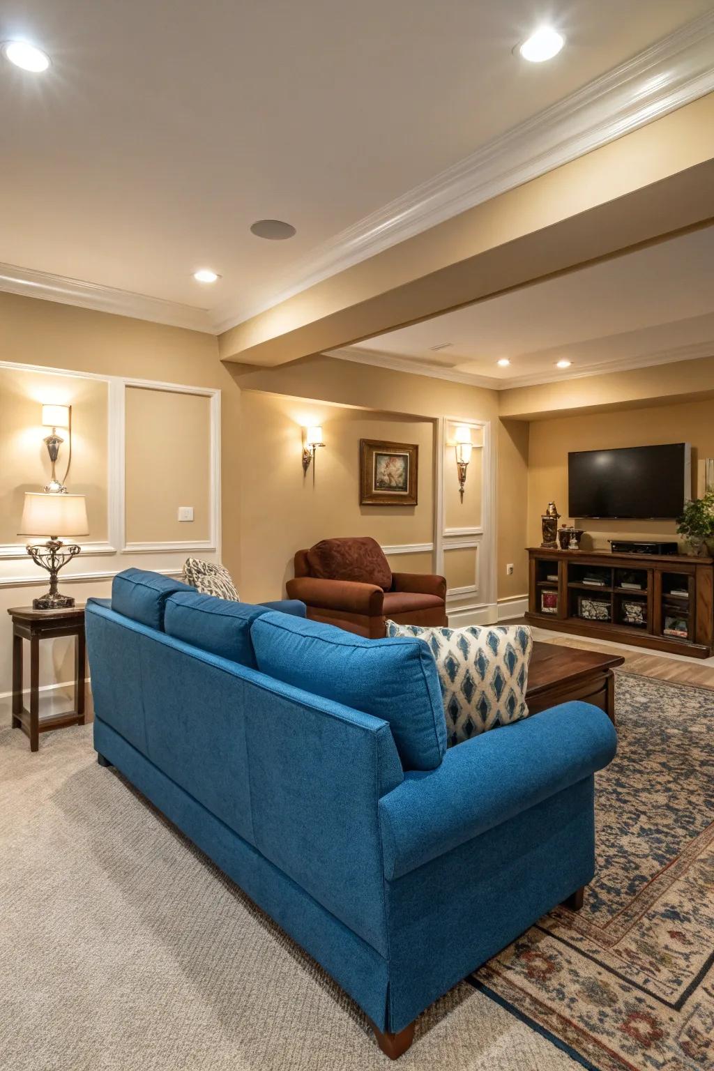 Neutral walls let the blue sofa's color shine.