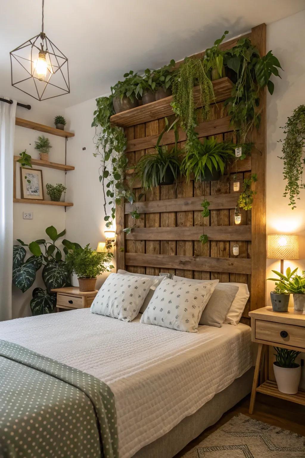 A living headboard with plants enriches the space with freshness and vitality.