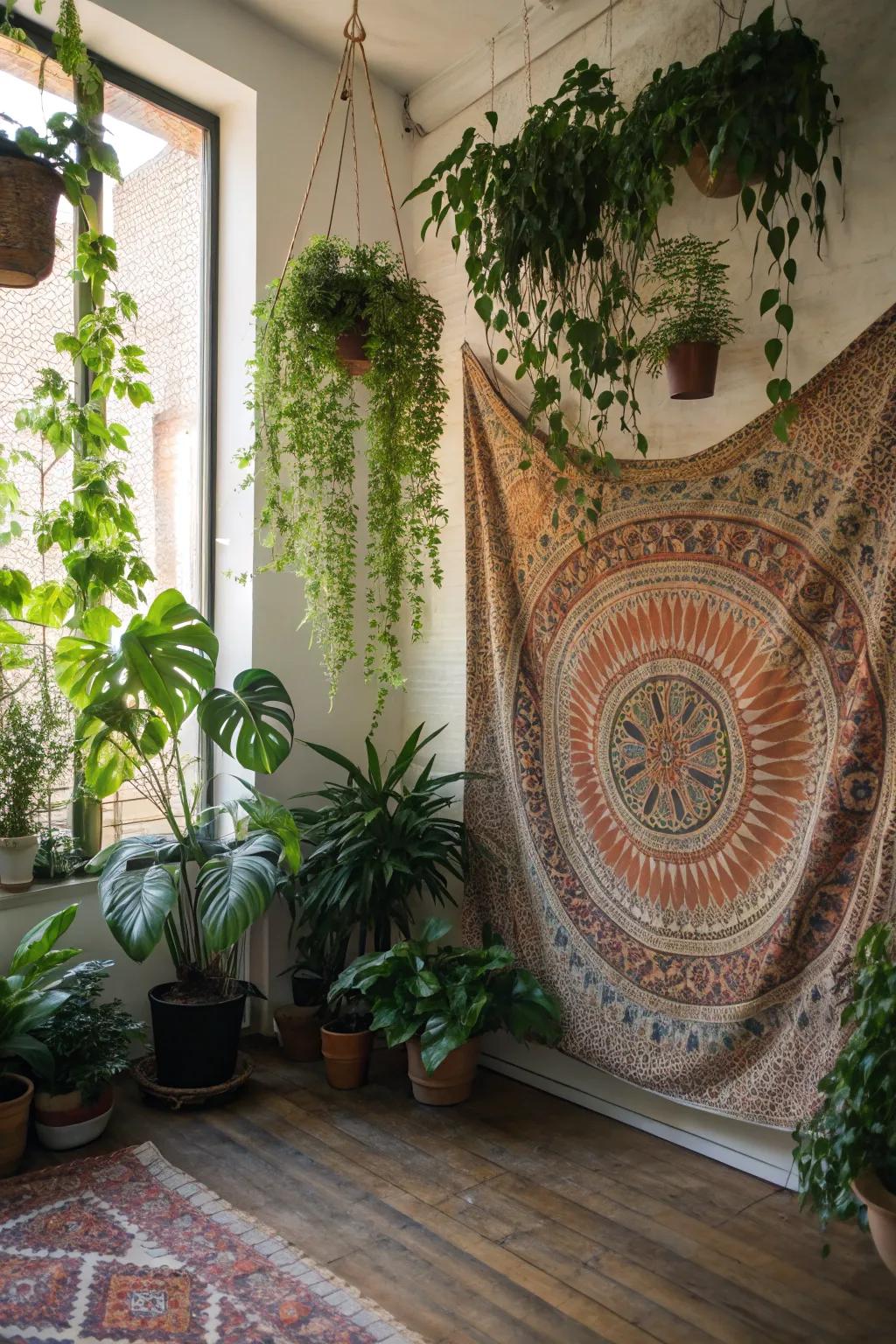 Wall decor enriches the visual appeal of the bohemian plant room.