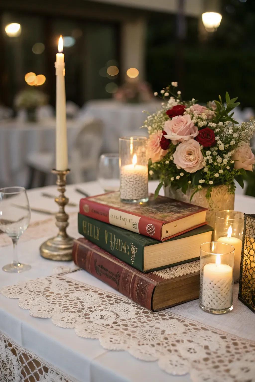 Romantic themed book arrangement perfect for intimate settings.