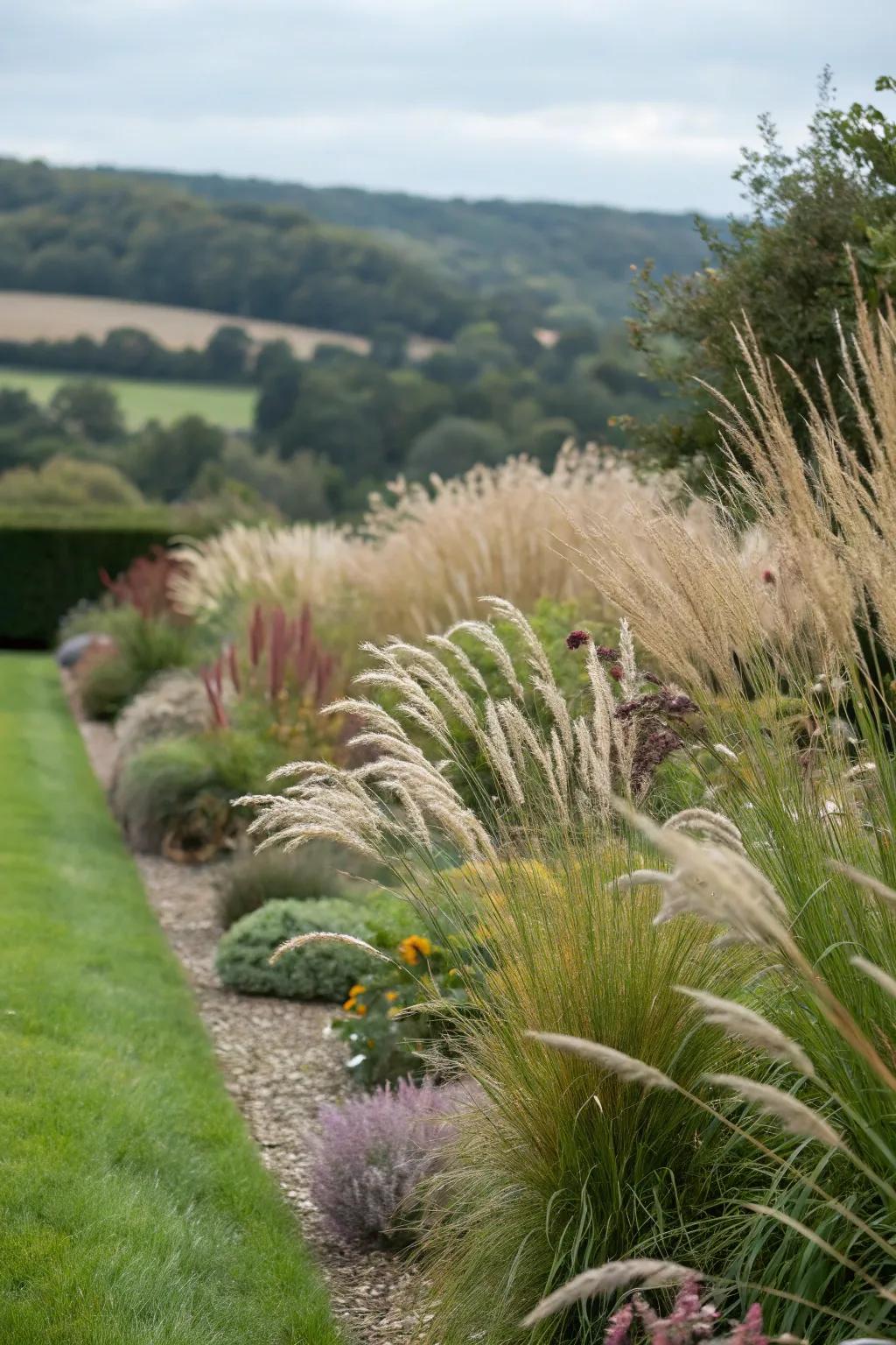 A layered look with varied heights of ornamental grasses.