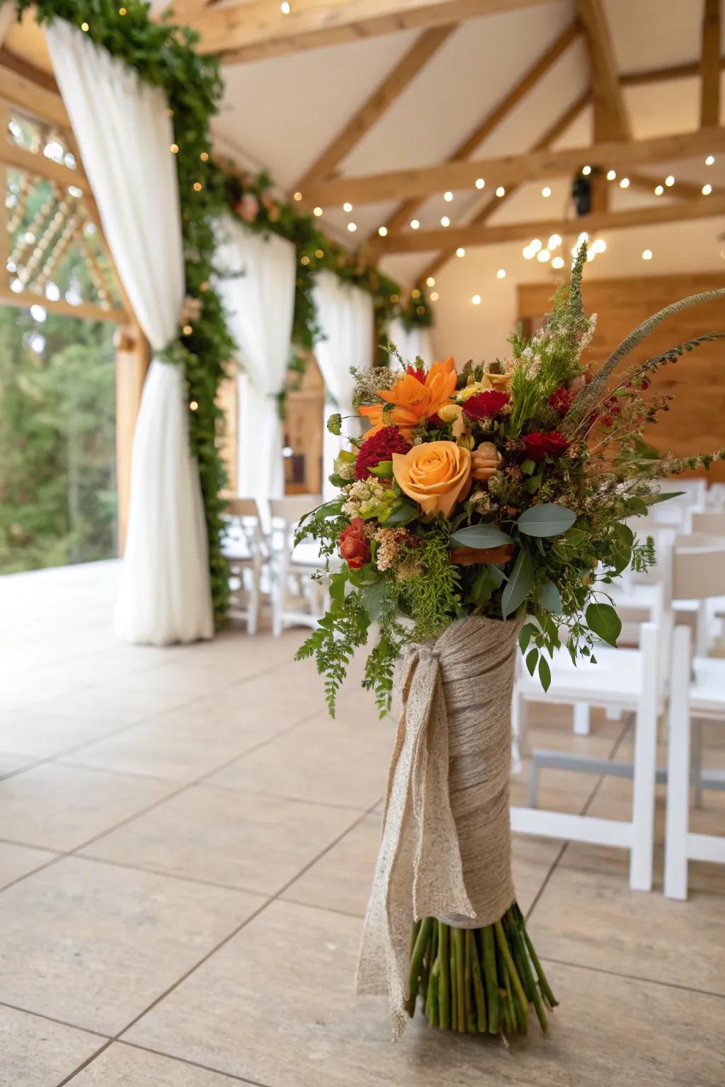 Seasonal fabric dressings introducing a cohesive detail to wedding bouquets.