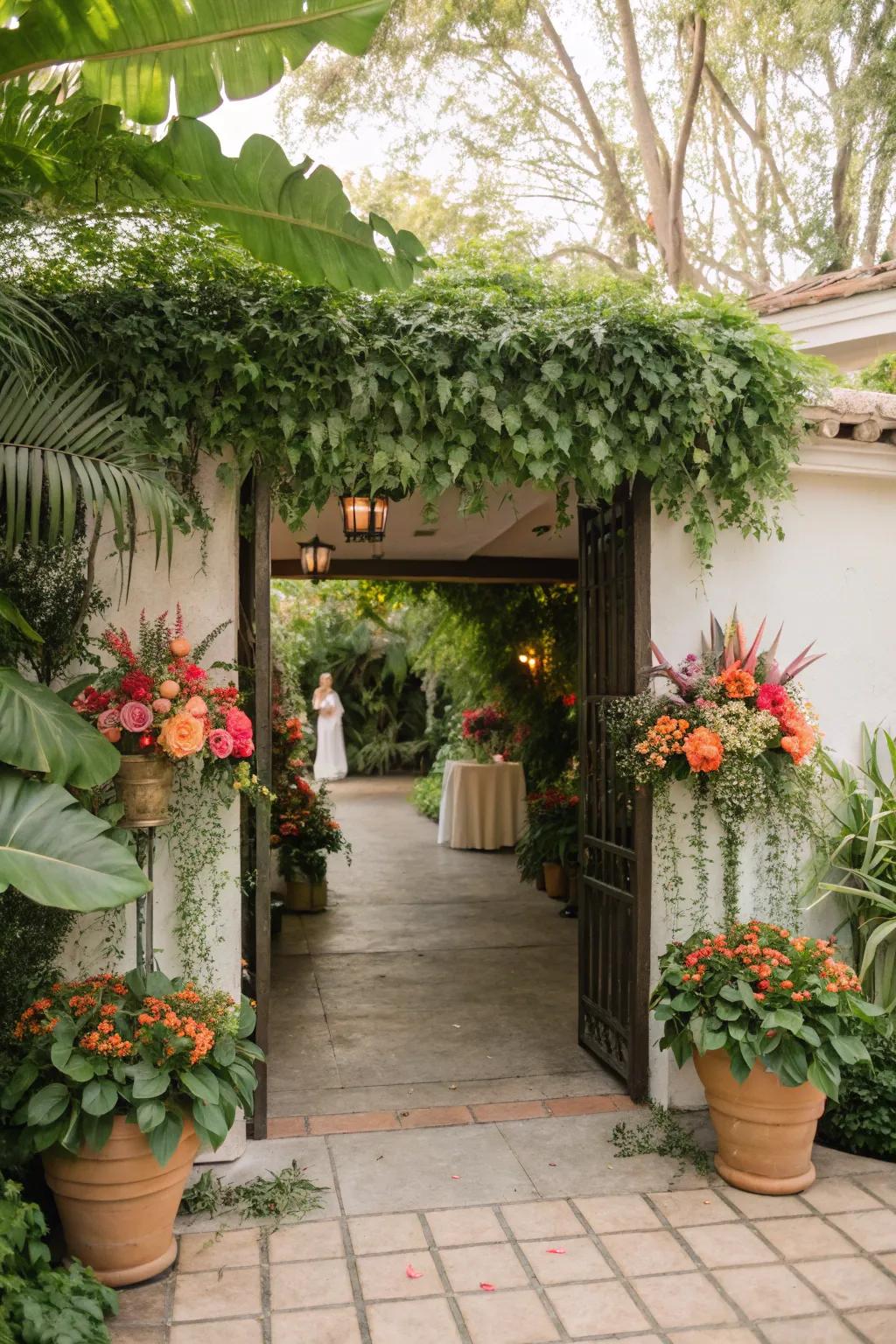 A thriving garden oasis establishes a serene and alluring ambiance for the bridal shower.