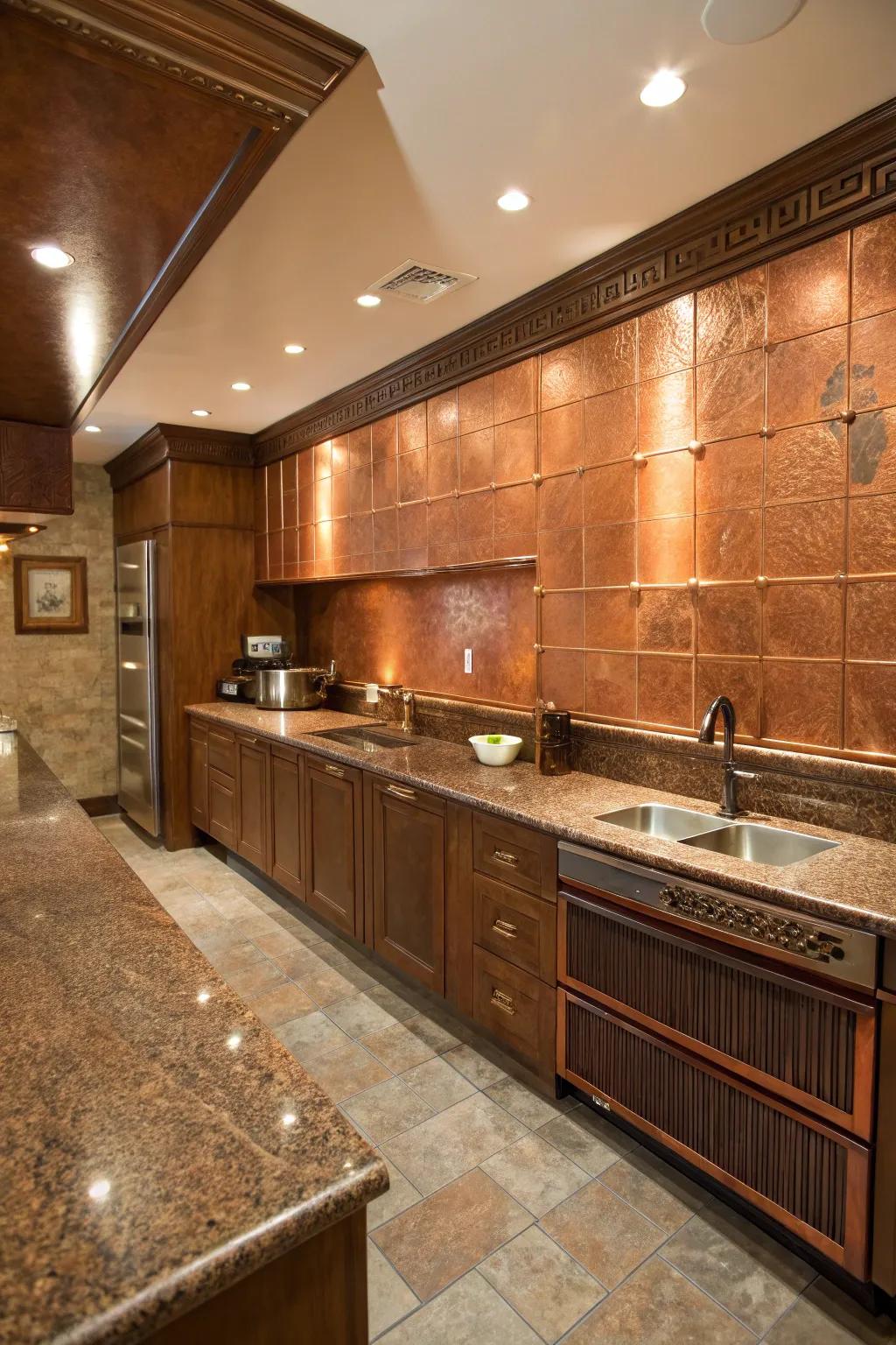 Copper walls enhance the warm undertones of brown granite.