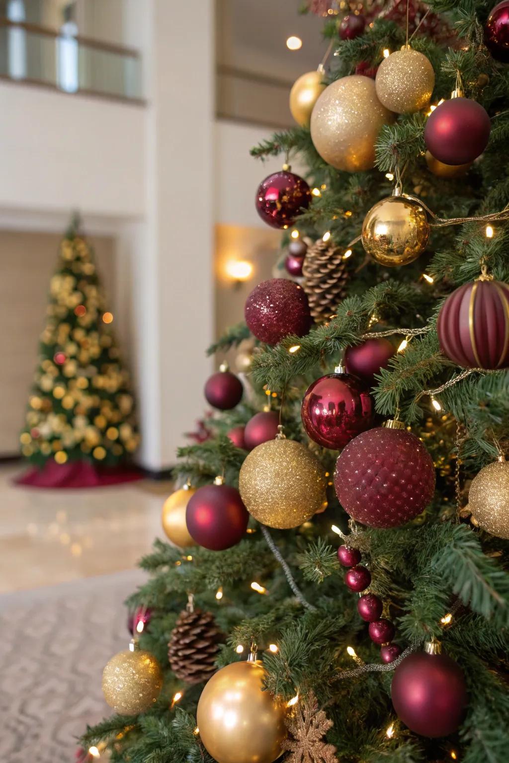 A fusion of understated and radiant decorations heightens the tree's elegance.