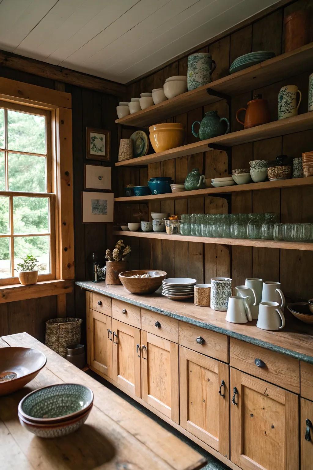 Open shelves showcasing pottery and glassware in a cabin kitchen.