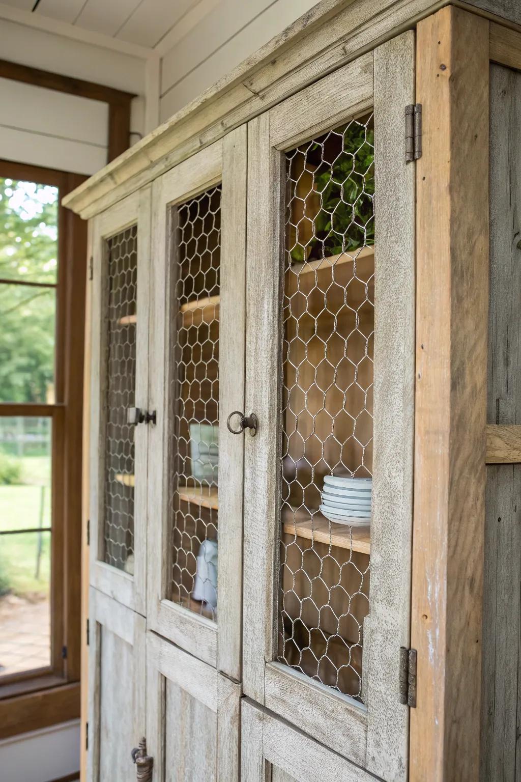 Chicken wire inserts add rustic charm to cabinet doors.