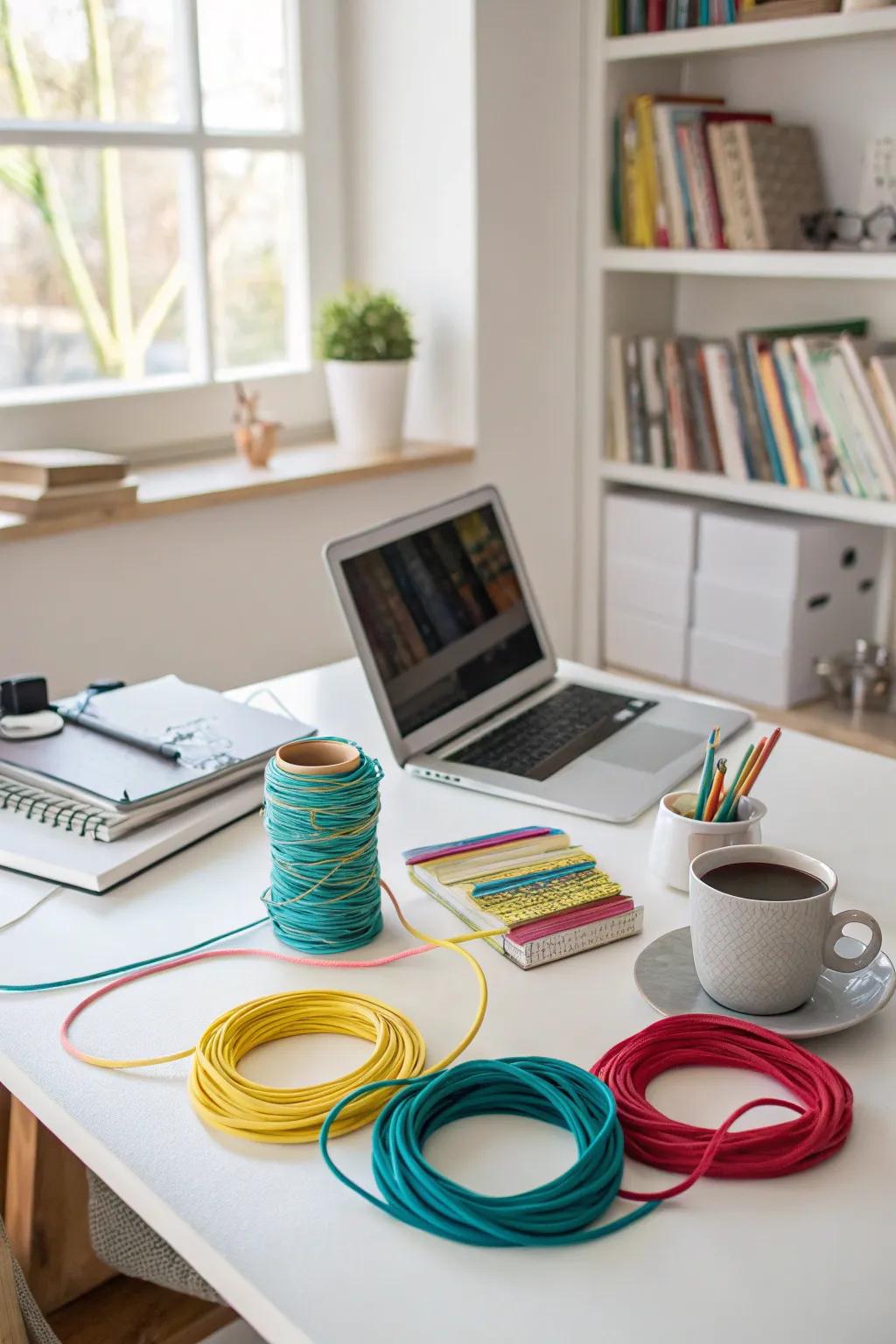 Cables wrapped in colorful threads for easy identification.