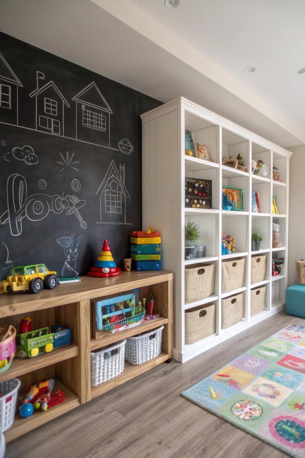 Chalkboard wall with built-in storage keeps playrooms tidy.