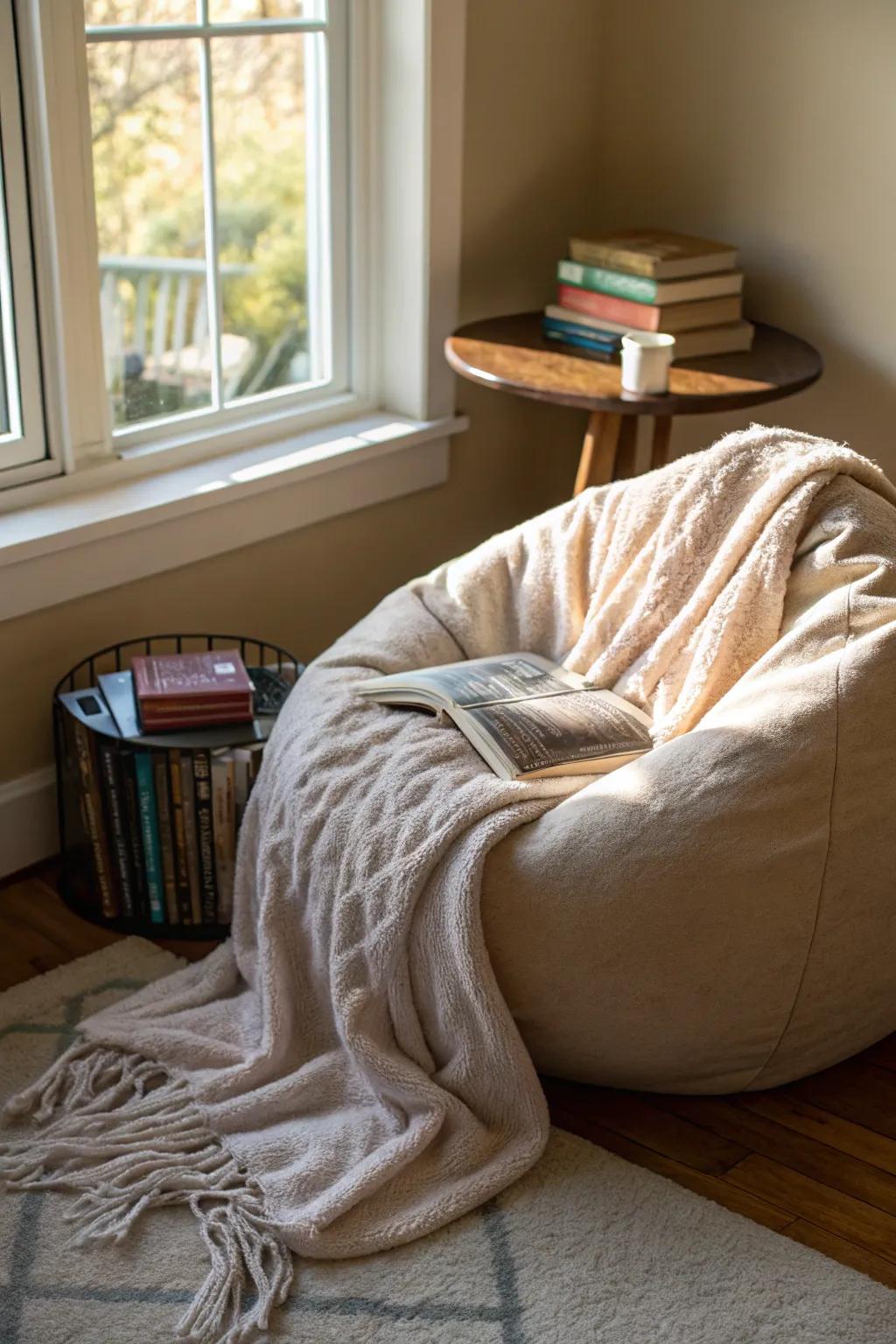 A cozy corner with a bean bag perfect for relaxing.