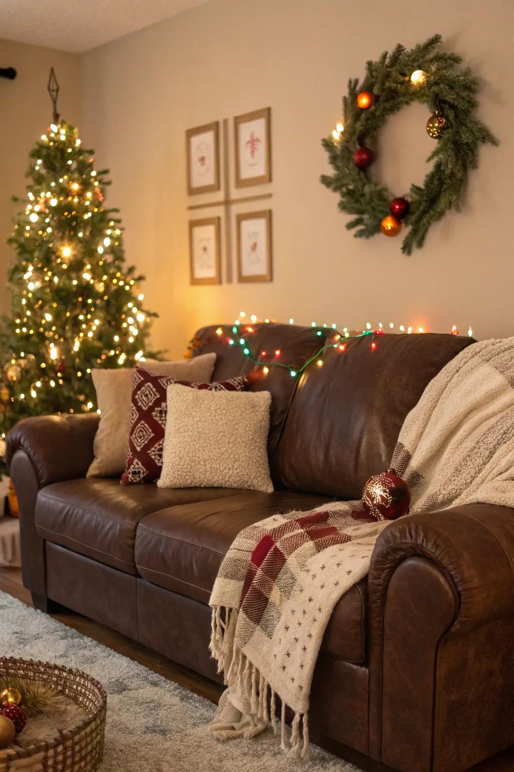 Seasonal decor adds festivity and freshness to a chocolate couch living room.