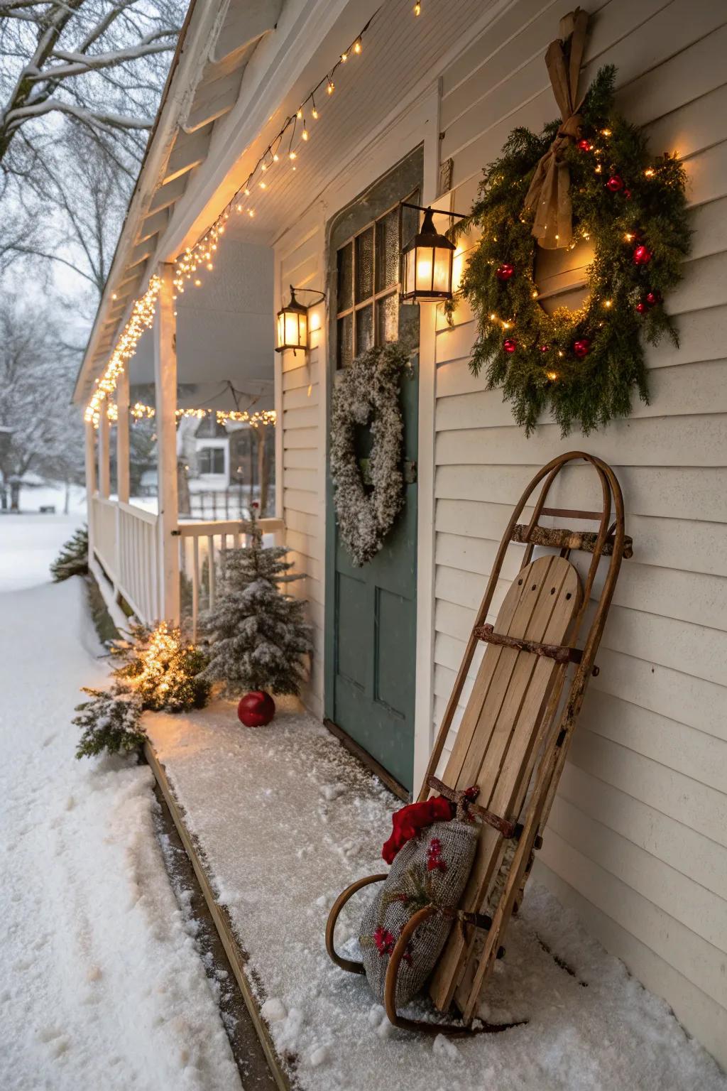 A rustic sled adding a nostalgic touch to the porch decor.