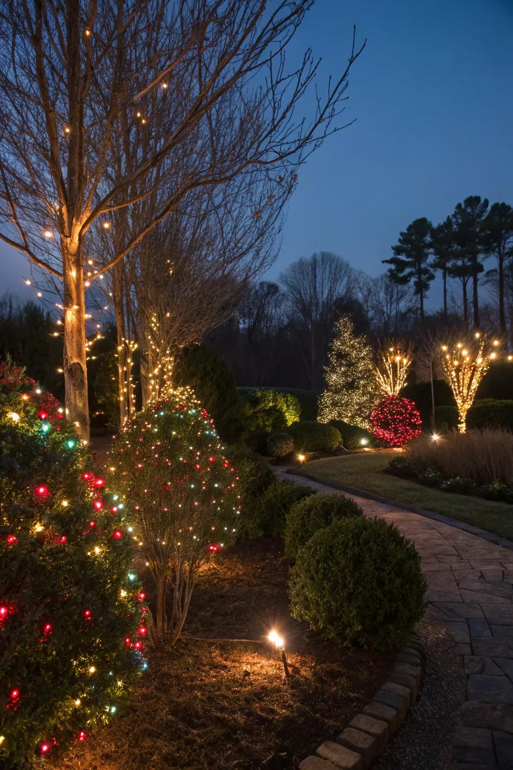 Petite trees and shrubs exquisitely lit via vibrant Christmas lights.