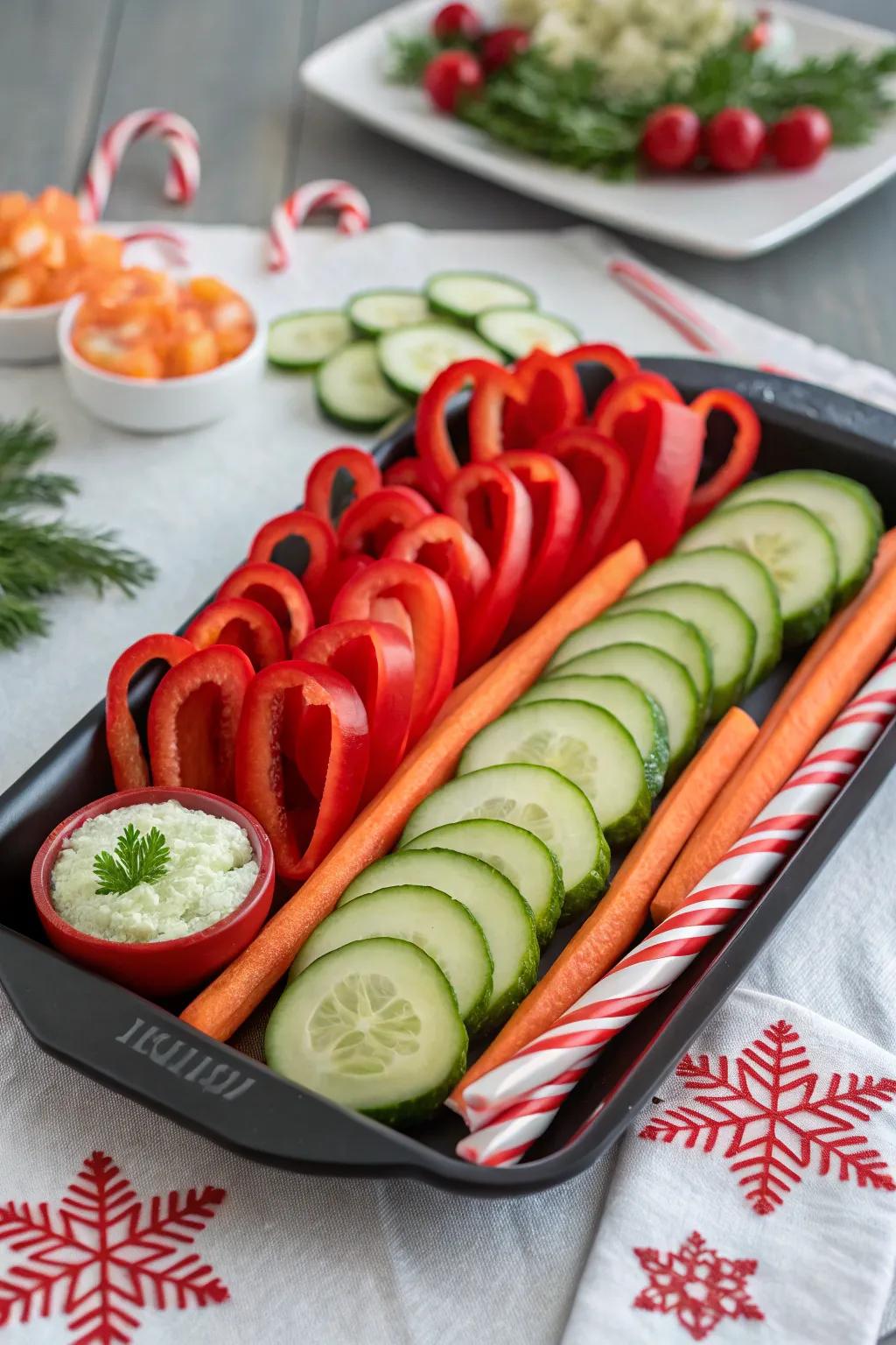 Playful candy cane veggie shapes for a touch of holiday whimsy.