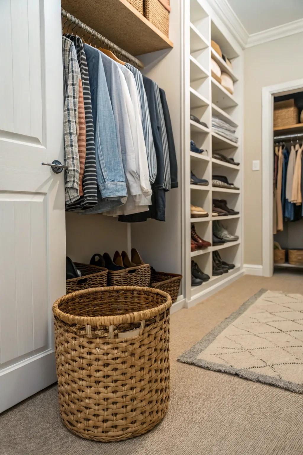 A catch-all basket helps maintain a tidy closet effortlessly.