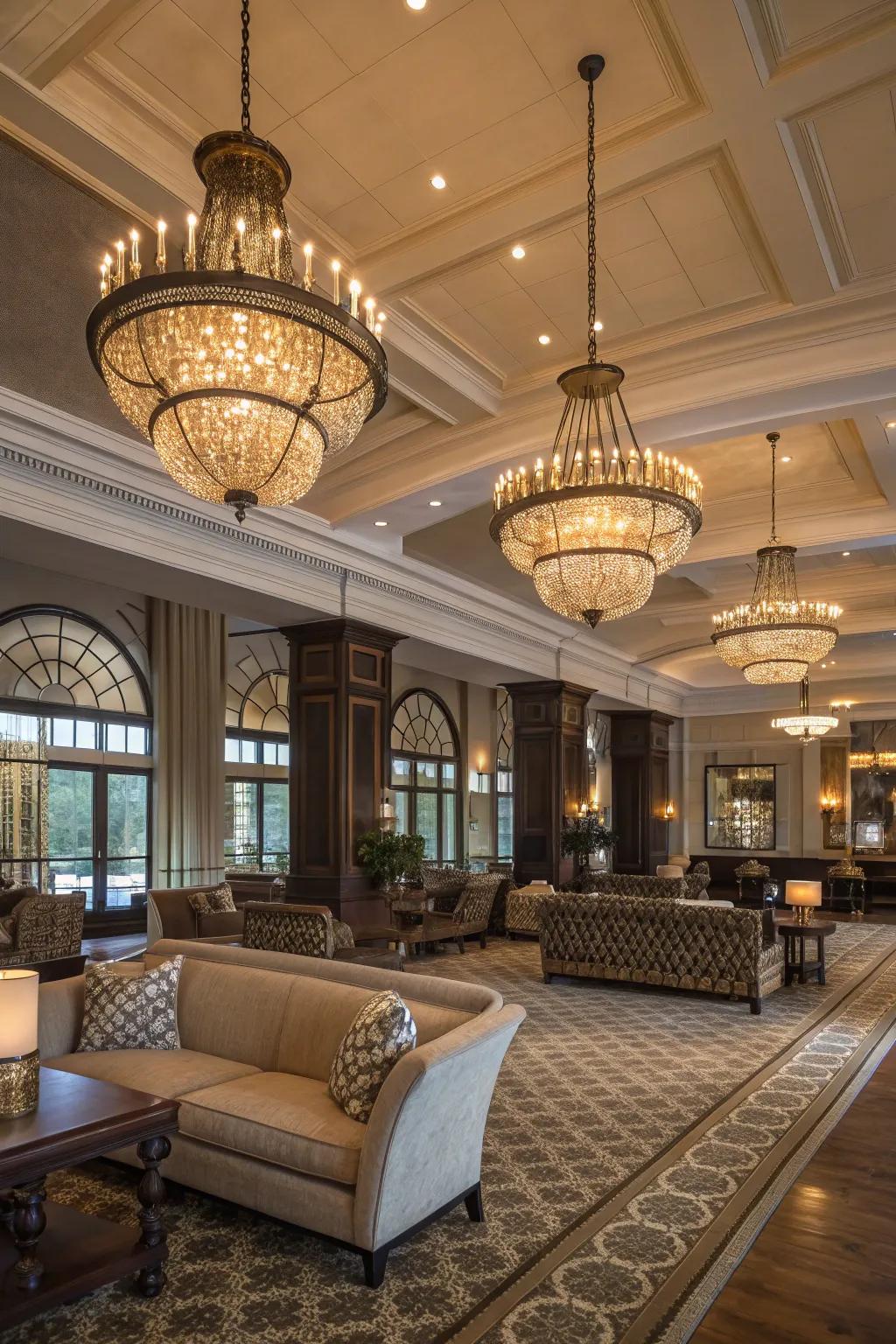 Statement lighting fixtures enhancing elegance in a clubhouse.