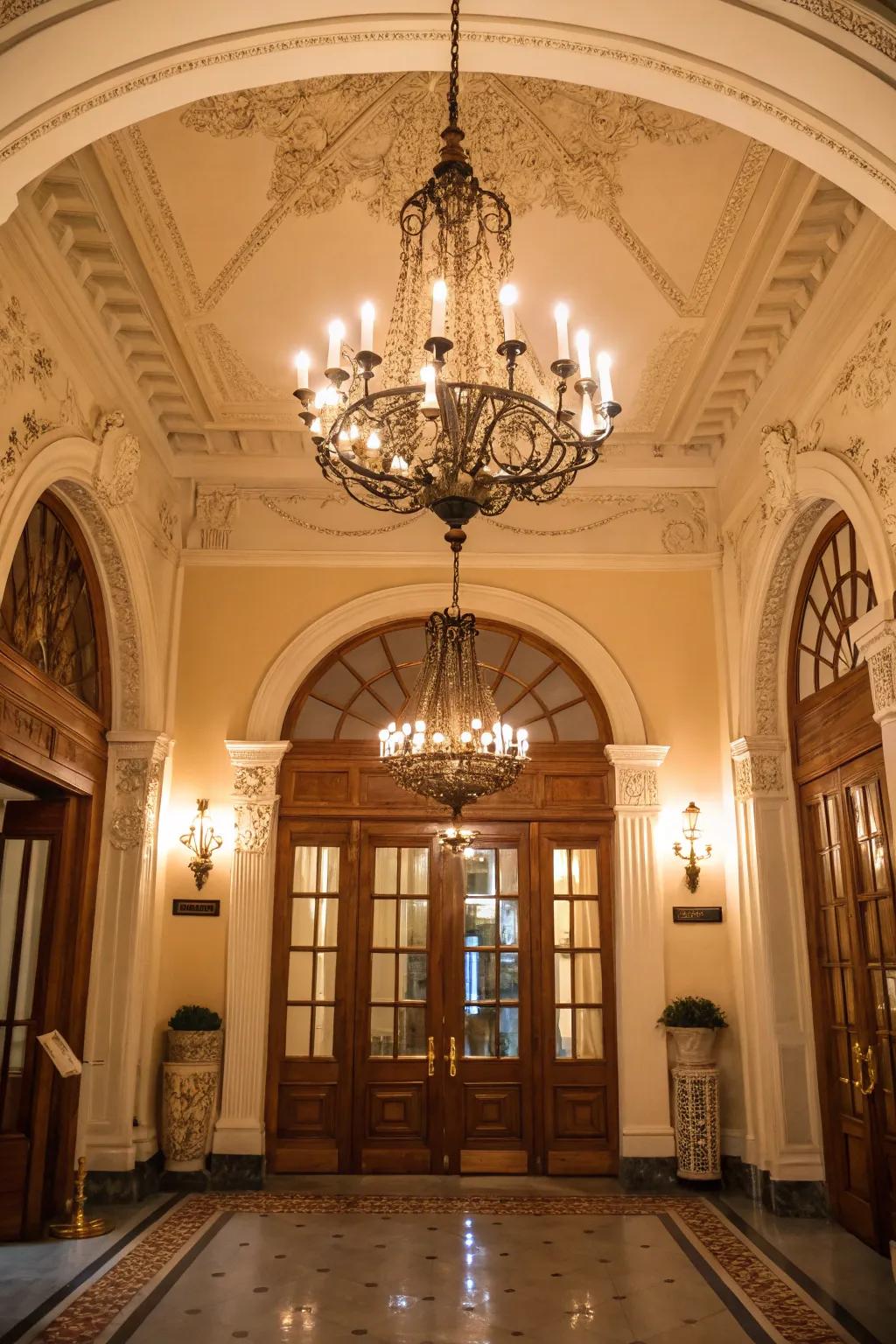 A classic chandelier illuminates this colonial entryway.