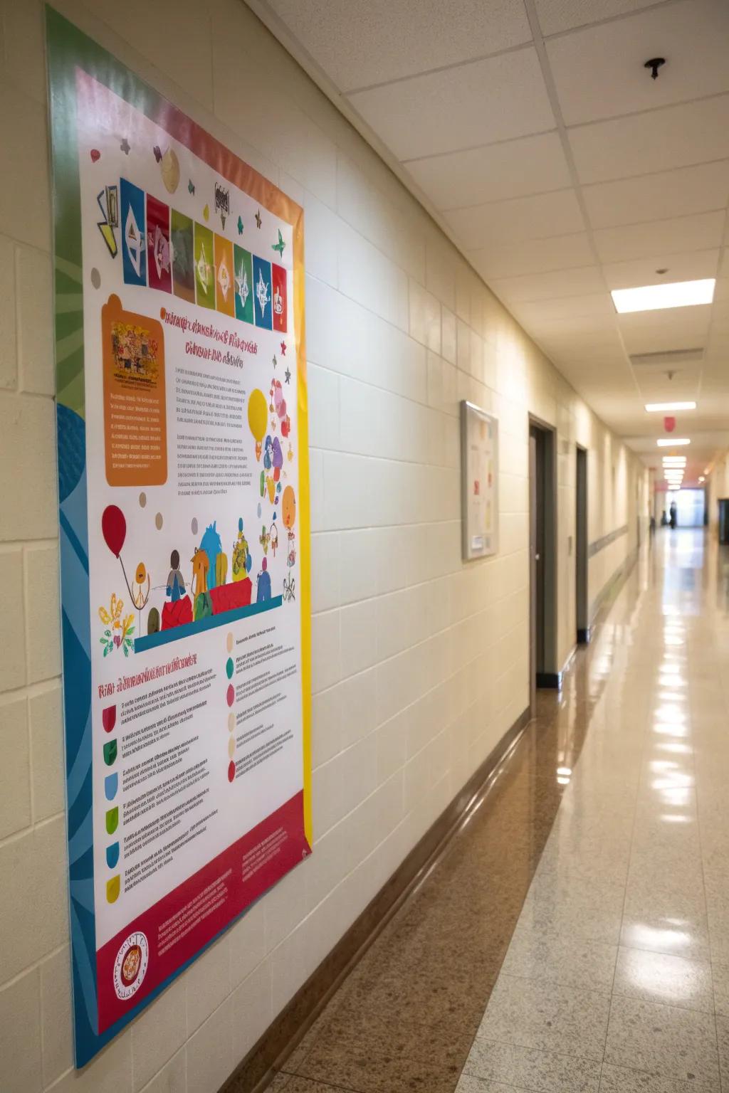 Playful layout poster adding character to a hallway.