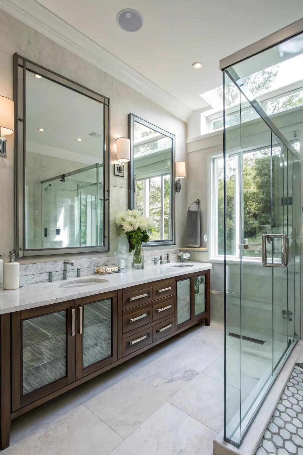 Spacious bathroom enhanced by mirrors and glass.