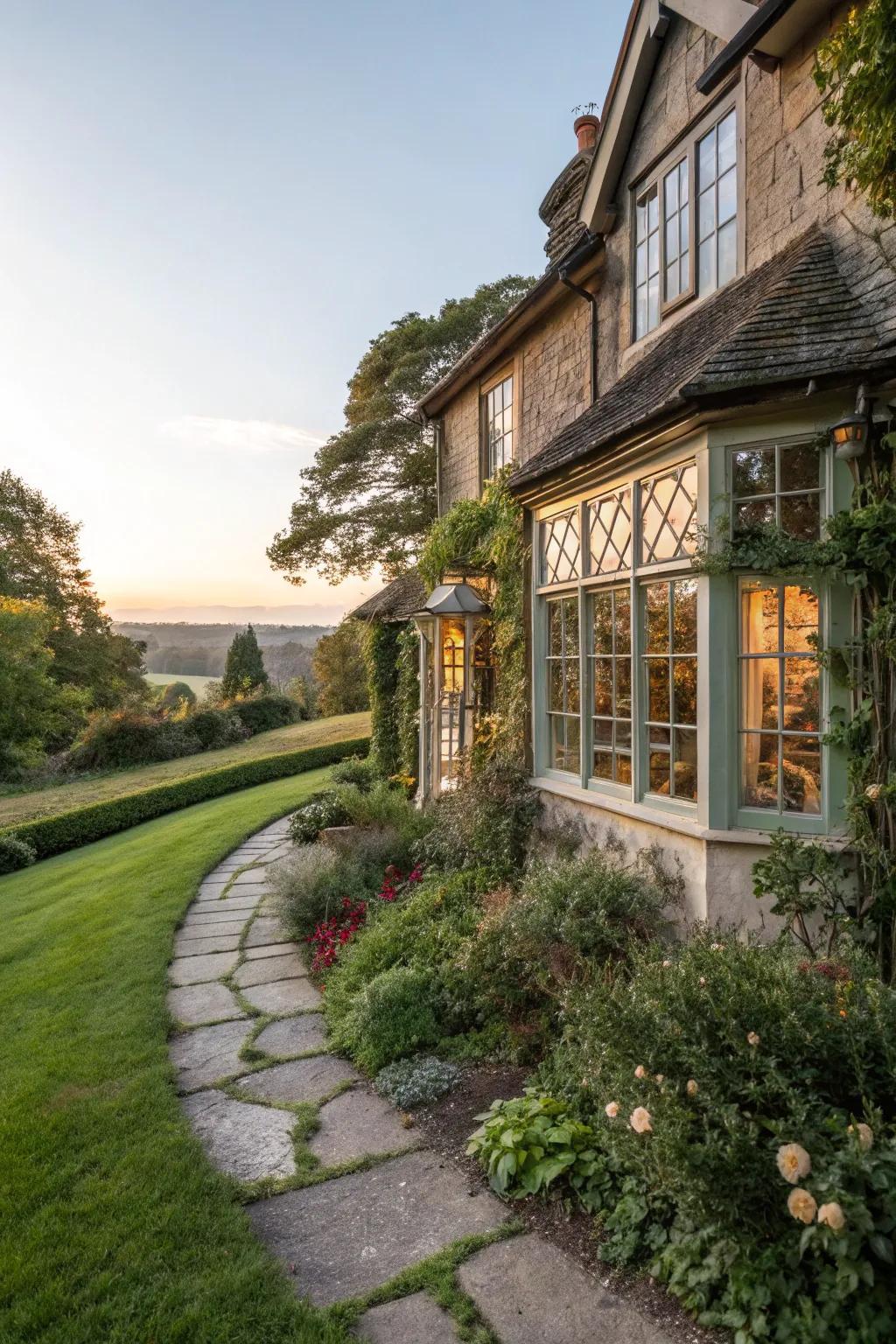 Large windows invite natural light and garden views into the cottage.