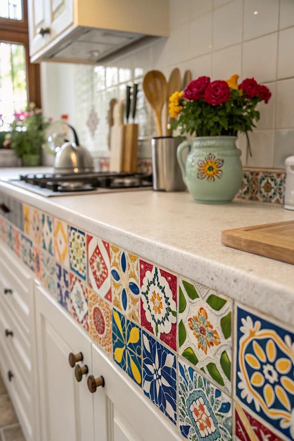 Artistic tile end caps that bring color and life to the kitchen.