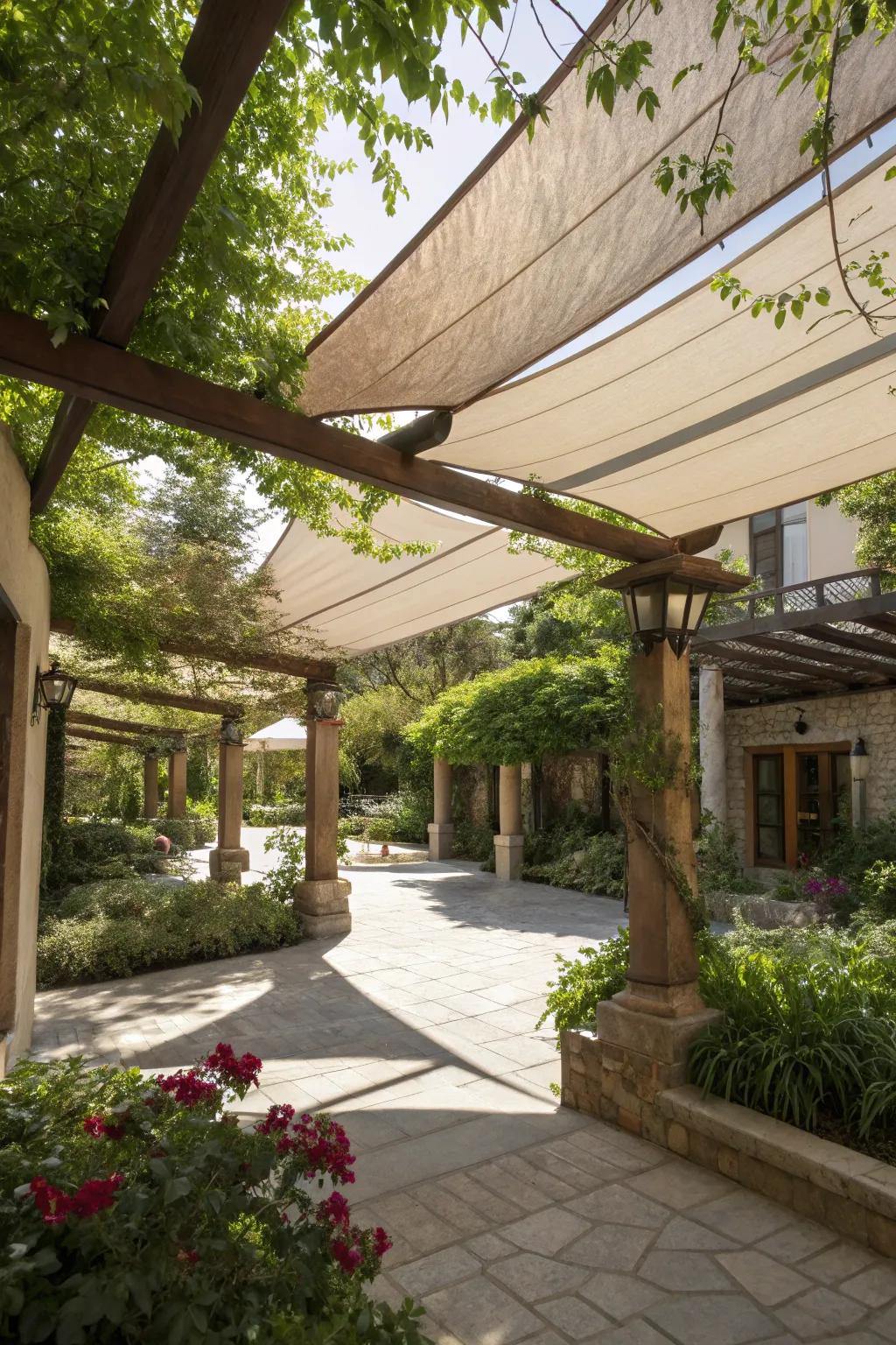 Layered shading elements create an inviting and complex courtyard design.