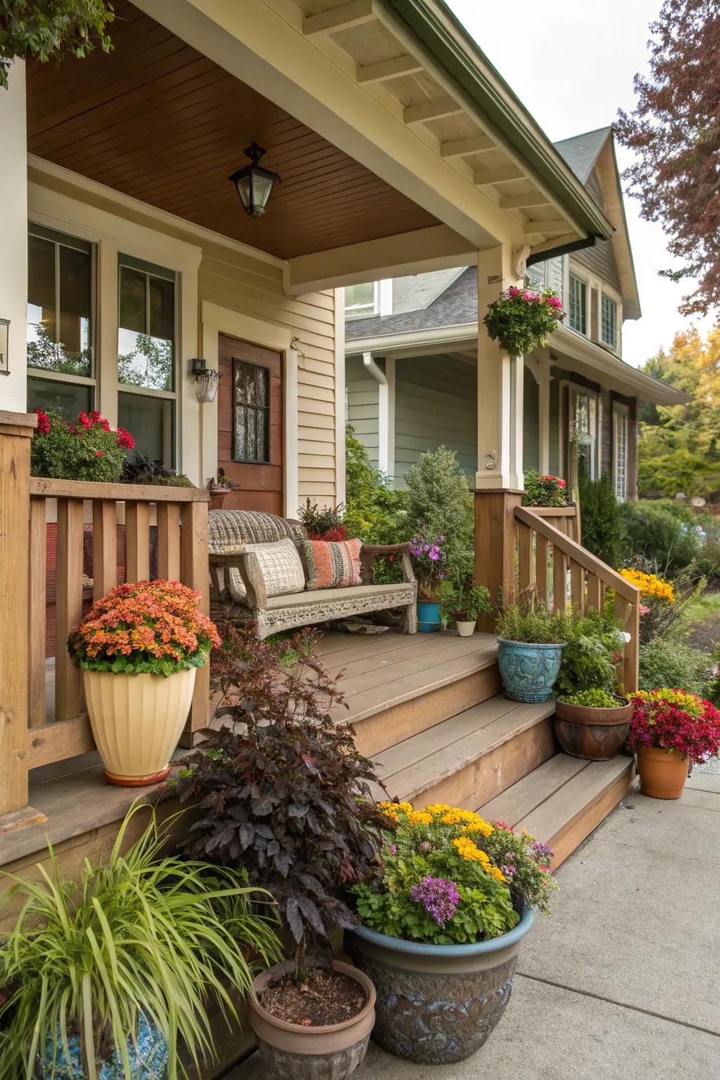Seasonal plants add life and color to the porch.