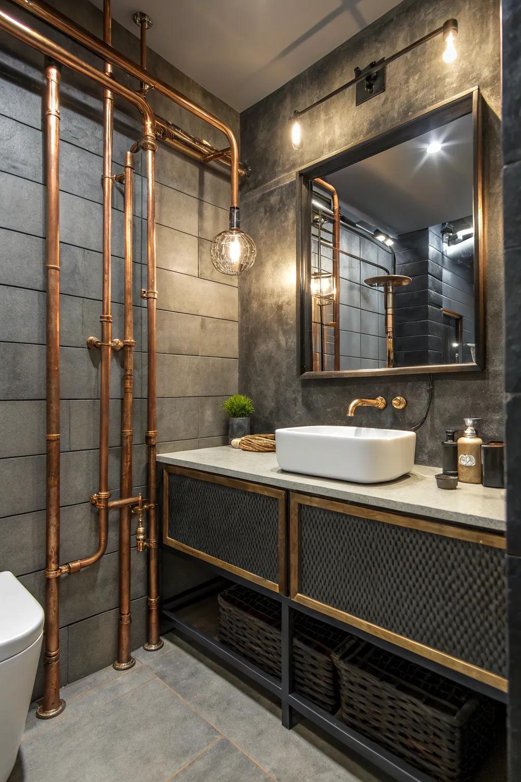 A bathroom featuring exposed copper pipes for an industrial vibe.