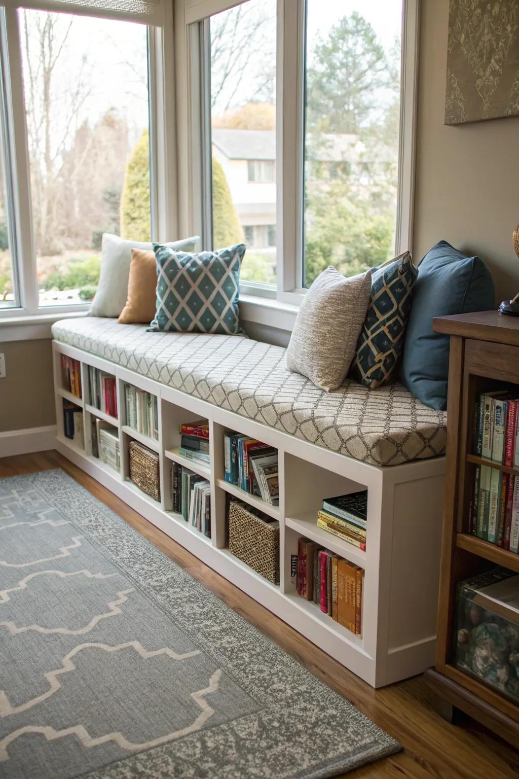 Furniture with integrated book storage maximizes space efficiency.