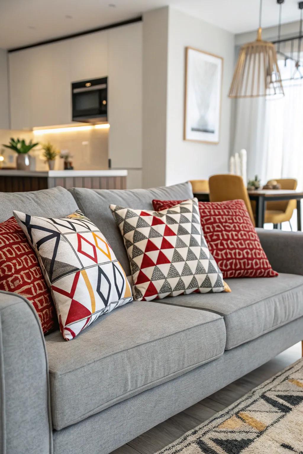 Geometric patterns bring a modern edge to a grey sofa.