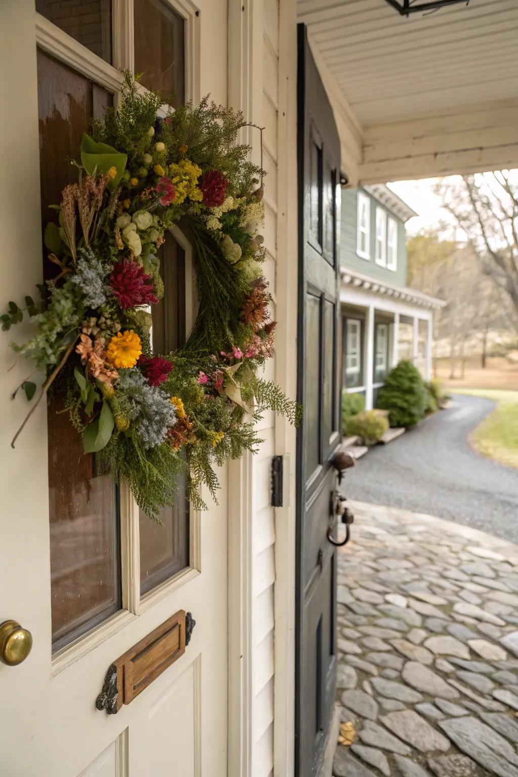 A seasonal wreath door hanger that evolves with the seasons.