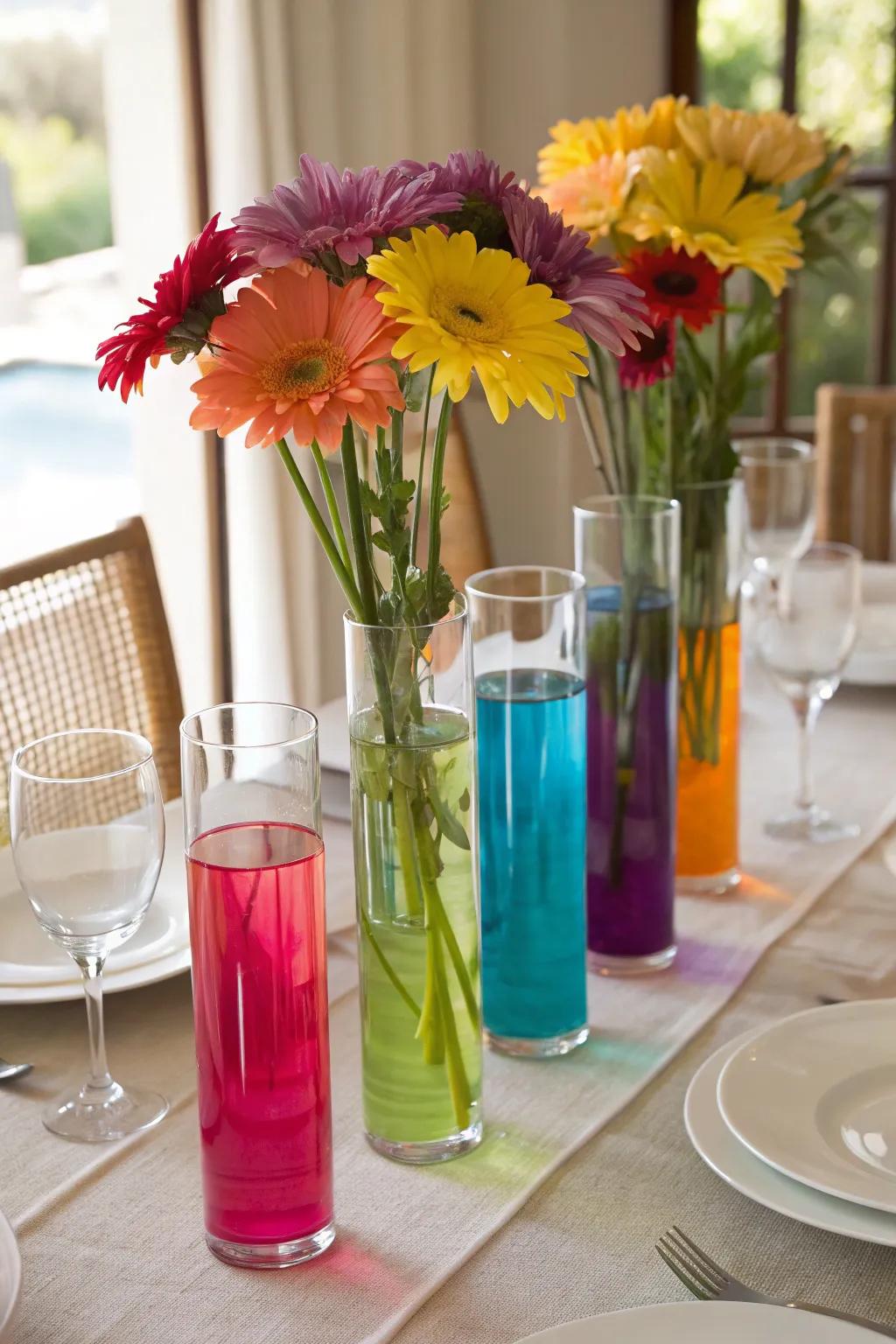 Colored water adds an unexpected pop of color.