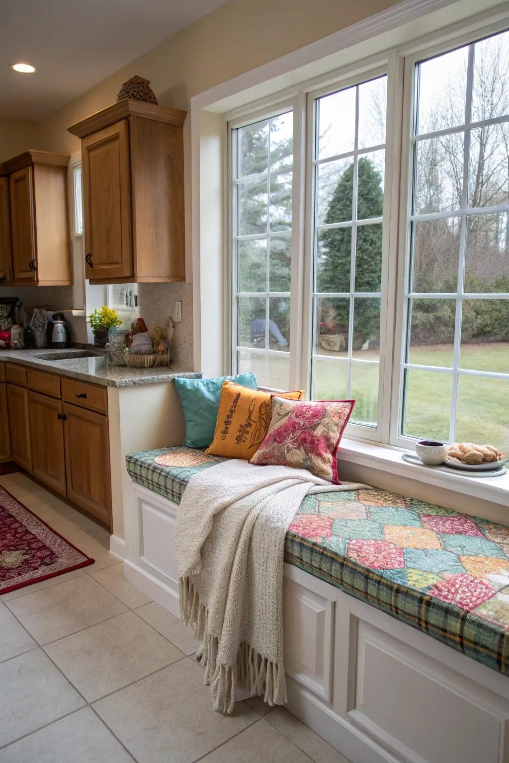 A cozy window seat invites relaxation in the kitchen.