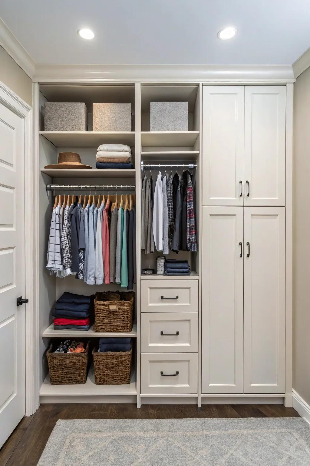 A harmonious blend of open and closed storage in your closet.