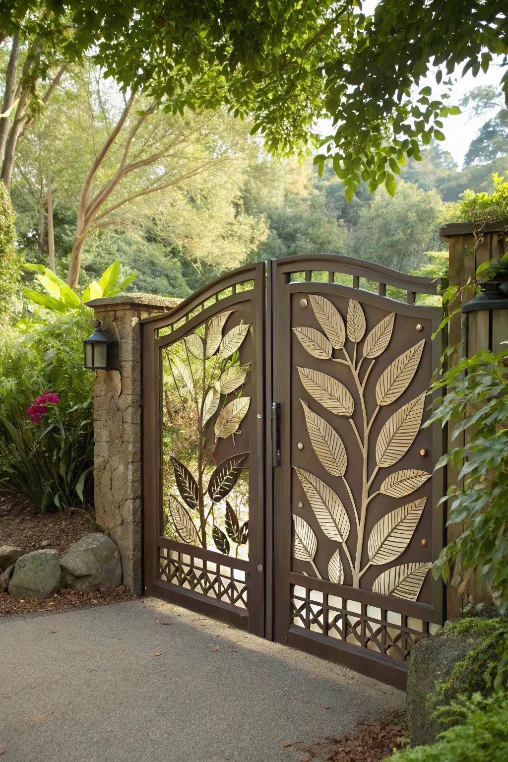 Artistic artistic cutouts on a gate synchronizing with nature.